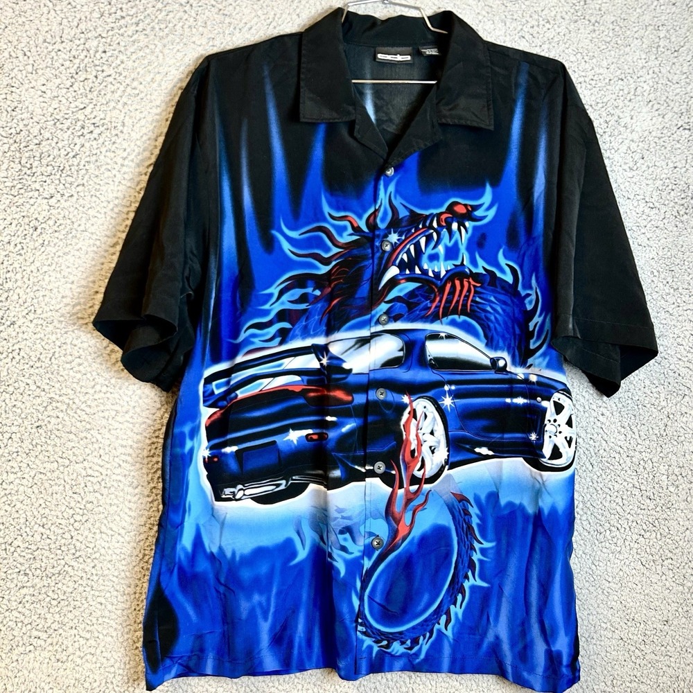 VTG ODO Shirt Mens XL Black Blue Dragon Car Graphic Flame Tribal Button Up 2000s